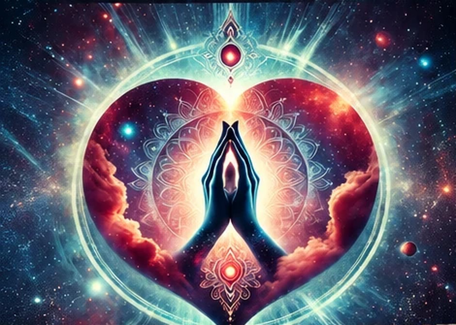 Praying hands inside a glowing heart surrounded by stars and nebula clouds