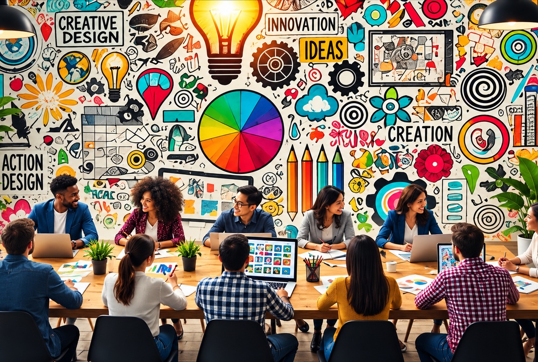 A diverse group working together at a long table in front of a colorful wall of ideas